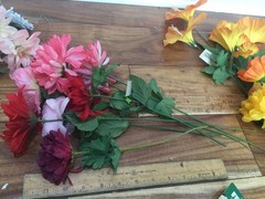 vtg SILK FLOWER mix orange pink mums petunia +ARRANGEMENT Macao ENB 60’s to 80’s