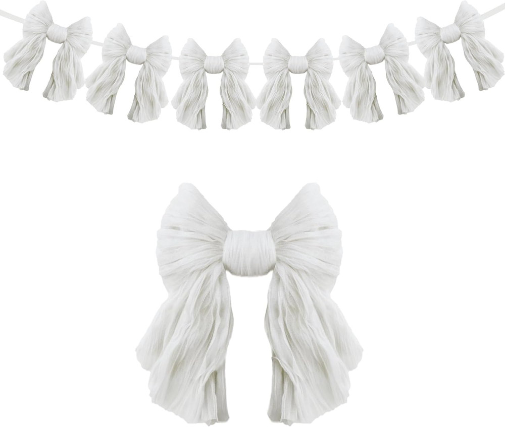 1 String of 6 White Bows Garland Banner Decoration, Adjustable Pre-Strung Orname