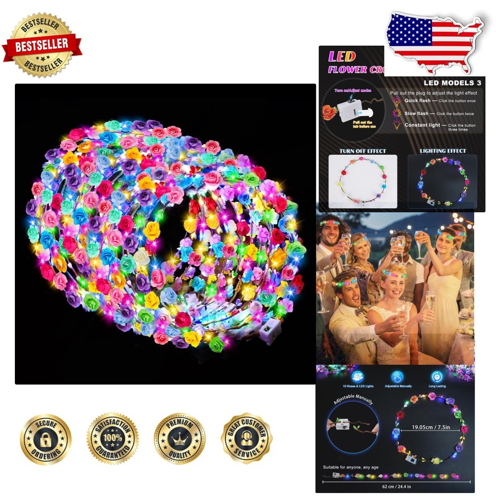 Bulk 100 LED Flower Crowns, Women’s Glow Headbands, Adjustable, Party Supplies