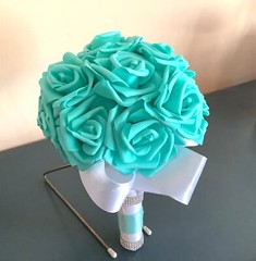 Small teal blue bridal bouquet with real touch roses