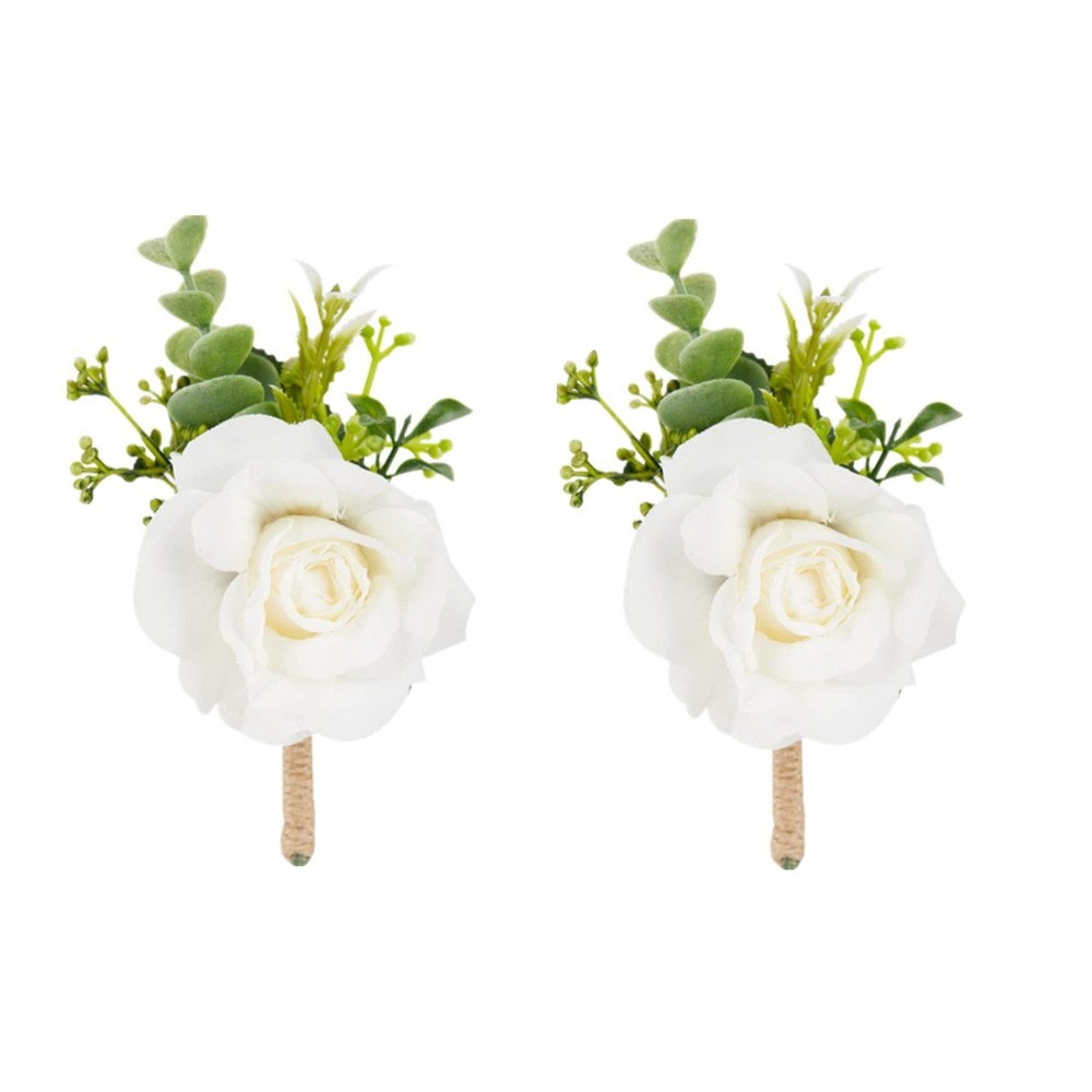 Ivory White Rose Boutonnieres for Men, Set of 2, Artificial Corsage