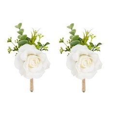 Ivory White Rose Boutonnieres for Men, Set of 2, Artificial Corsage