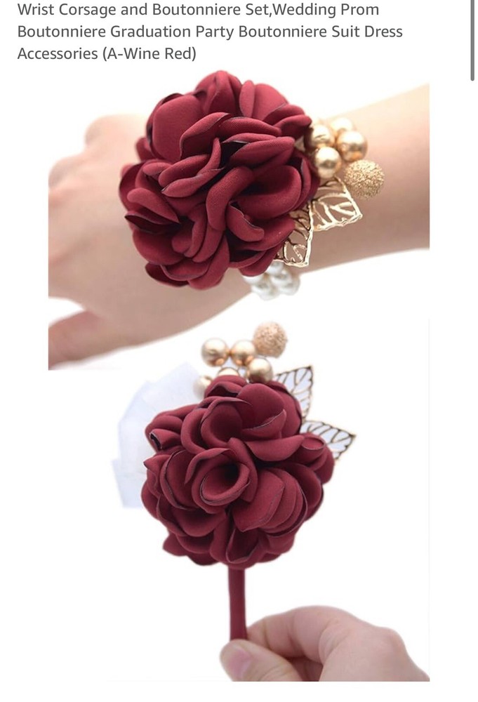 4 Wrist Corsage and 4Boutonniere Set Pearl Bracelet Gold Leaf Rose Wrist Sets