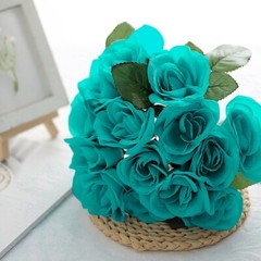TURQUOISE 12″ tall Velvet Roses ARTIFICIAL FLOWERS Bouquet Wedding Decorations