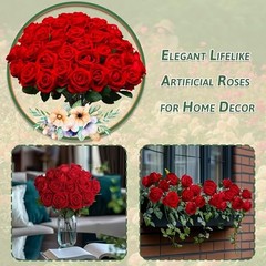 50 PCS Fake Roses, Artificial Flowers Bulk Realistic Silk Faux Rose 50 Pcs Red