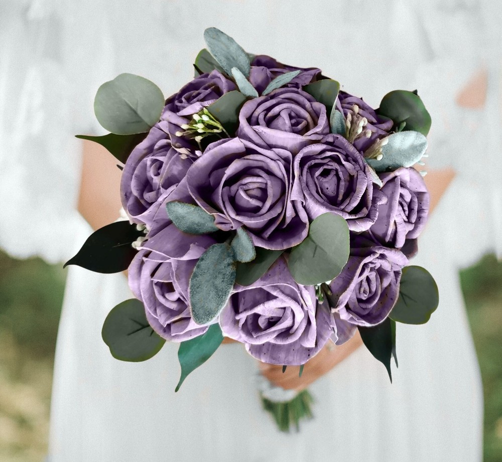 Light Purple Lavender Bridal Bouquet Rose Sola Wood bridesmaid Wedding Flowers