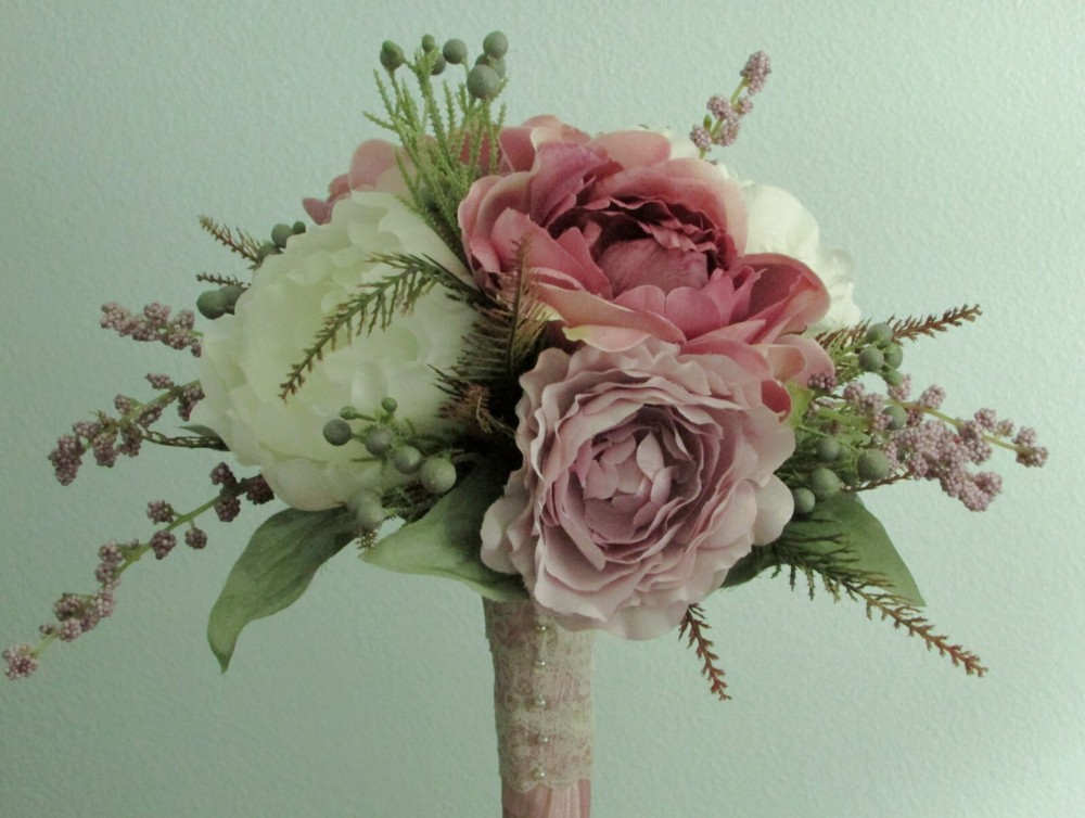 Silk Flower WEDDING BOUQUET Lavender Mauve and White Peony Roses Snowberry