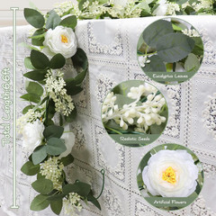 2Pack White 6.6 Ft Eucalyptus Garland with Lovely Faux Rose Flowers, Artificial