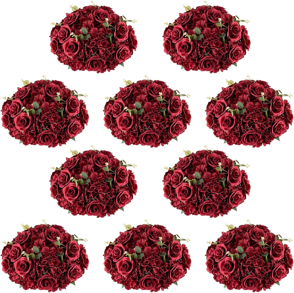 Burgundy Rose Flower Balls – 10 Pcs 15.7″ Faux Floral Arrangements for Weddings