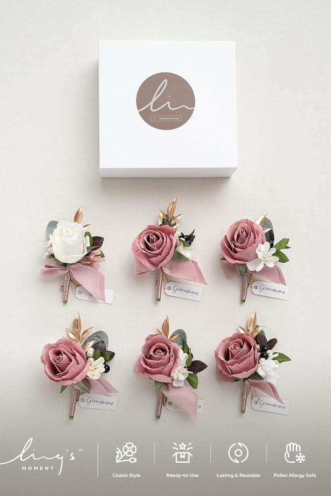 Ling’s Moment Boutonniere Set 6Pc Groom Groomsmen Wedding Artificial Flower