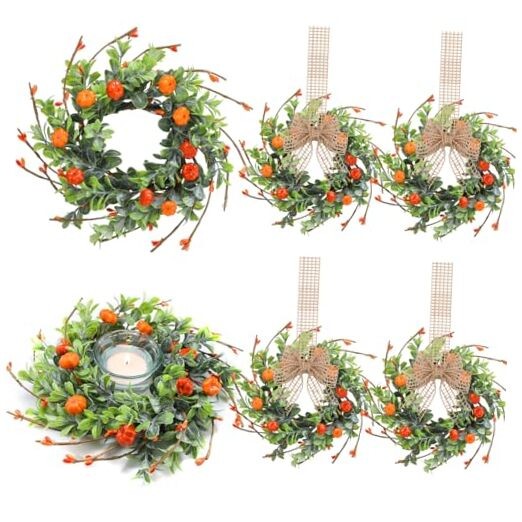6 Pcs Thanksgiving Candle Rings Wreaths Decorative Artificial Orange, Green