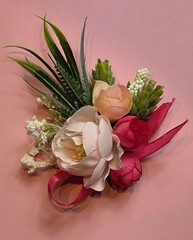 Artificial Rose Wrist Corsage – Fuchsia & Peach Flowers with Greenery – Wedding,
