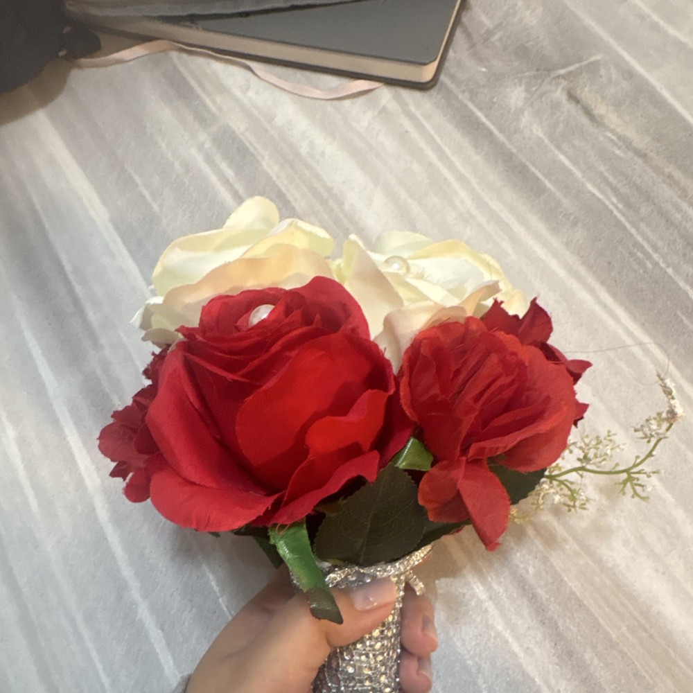 Small Artificial Red White Rose Bridemaid Bouquet with Rhinestone Handle