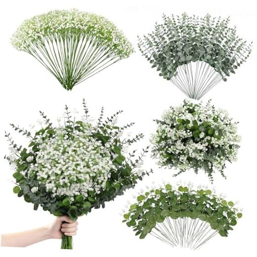 110 Pcs Mixed Artificial Eucalyptus Stems with Baby’s Breath Bulk Faux