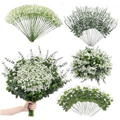 110 Pcs Mixed Artificial Eucalyptus Stems with Baby’s Breath Bulk Faux