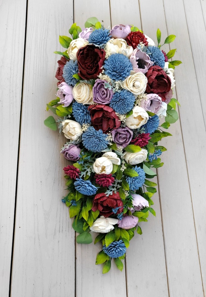 Lavender Dusty Blue Burgundy Cascade Bridal Bouquet Sola Wood Wedding Flowers