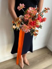 Orange Flower Fields faux wedding bouquet w. orchid, ranunculus, rose, daisy