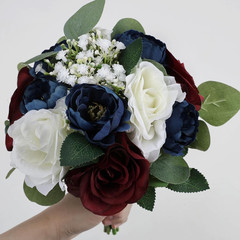 Set of 6 Burgundy & Navy Blue Bridesmaid Bouquets for Wedding Decor
