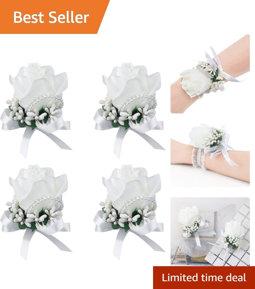 Elegant 4-Pack White Wrist Corsage Set for Bride & Bridesmaids – Floral Accents
