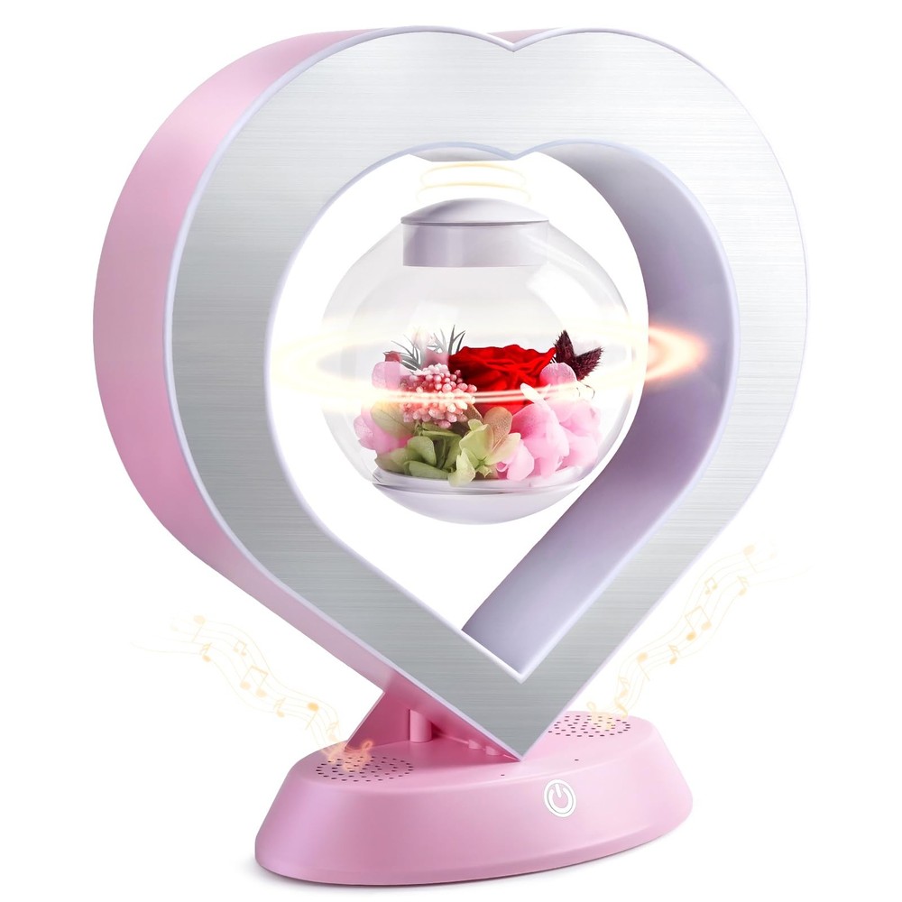 LoveLin Heart Preserved Rose Flowers with Bluetooth 10 inches, White and Pink