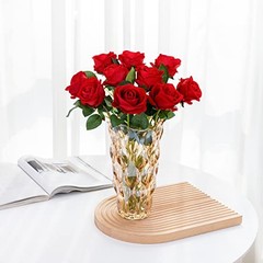 12PCS Artificial Flowers Fake Roses, Realistic Velvet Long Stem Roses Red
