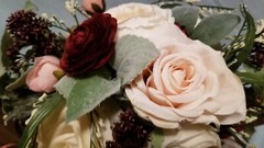 Bridal Bouquet Spray Peonies Roses Burgundy Peach White Sateen Wrapped Stems