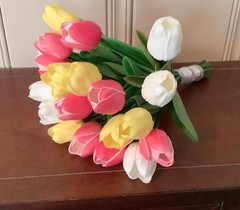 24 stem Yellow, white and pink tulip wedding bouquet