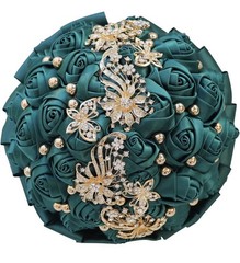 Artificial Green Rose Ball Wedding Bouquet, Gold Rhinestone Brooch Accents