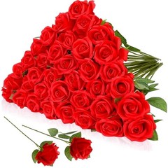 36 Pcs Silk Rose Bouquet Bridal Artificial Flowers,Fake Rose Long Stem Red