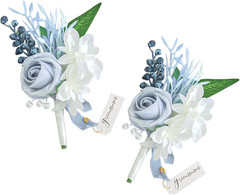 Set of 2 Dusty Blue Wedding Boutonniere for Men Artificial Flowers Wedding Gr…