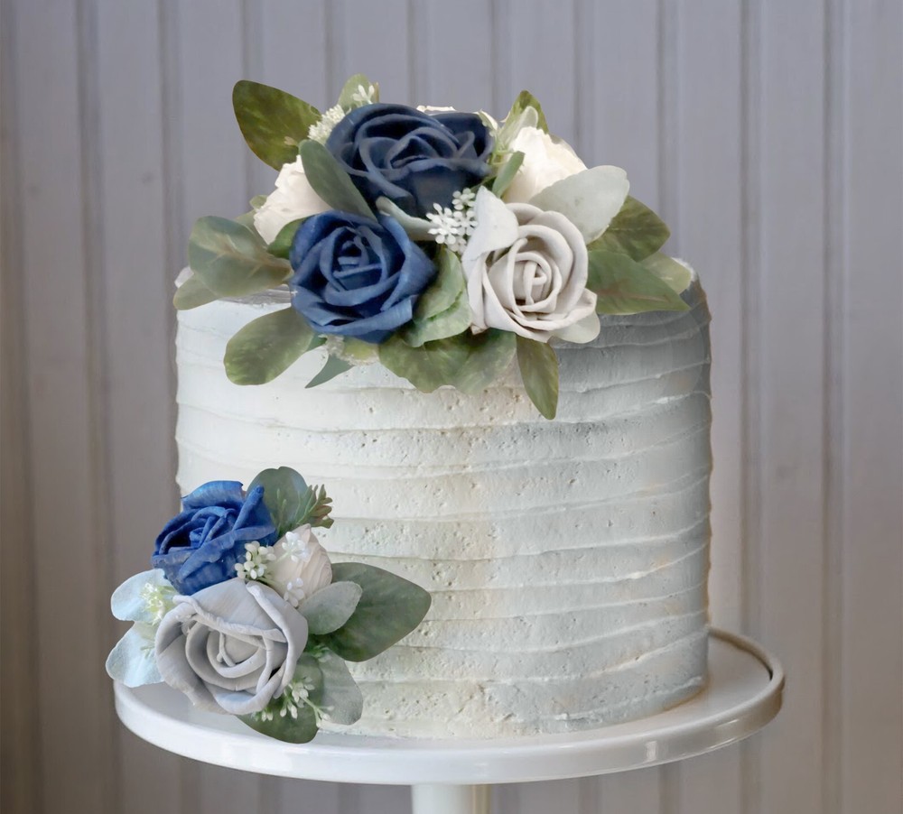 2PC Navy Blue Gray Wedding Cake Flower Topper Set Reusable Sola Wood Rose Decor