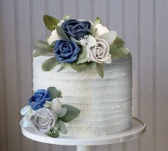 2PC Navy Blue Gray Wedding Cake Flower Topper Set Reusable Sola Wood Rose Decor