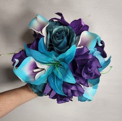 Purple Teal Rose Tiger Lily Bridal Wedding Bouquet Accessories