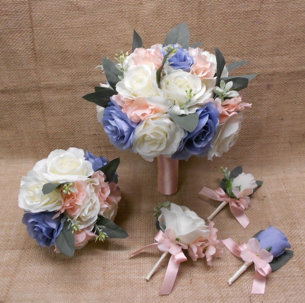 Wedding Silk Flower Bridal Bouquets Ivory Cream Pink Blush Dusty Blue Eucalyptus
