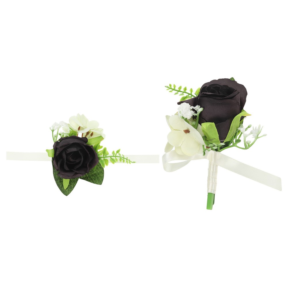 2 Pcs Artificial Rose Wrist Corsage and Boutonnieres Set Wedding Black
