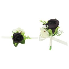 2 Pcs Artificial Rose Wrist Corsage and Boutonnieres Set Wedding Black