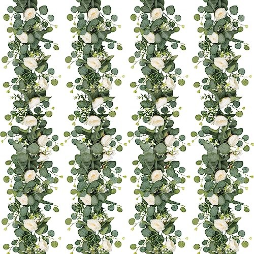 4 Pack Artificial Eucalyptus Flower Garland with Roses, Fake Rose 4PCS White