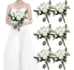 Set of 6 Bridesmaid Bouquets for Wedding – 7 Inch Artificial Ivory Flower Bouqt