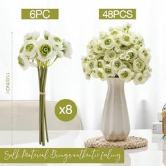 48 Pcs Ranunculus Artificial Flower,Real Touch Peonies Artificial White,green