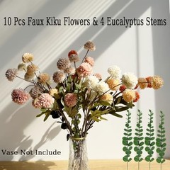 10pcs Faux Kiku Flowers, 5 Heads Each Stem & 4 Branches Eucalyptus Mixed Color