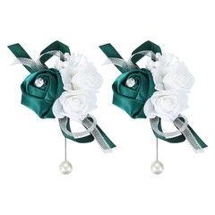 2 Pcs Wedding Boutonnieres Silk Rose Pearls Wedding Bridesmaid Dark Green