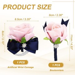 2Pcs Wrist Corsage Boutonnieres Set with Navy Blue Ribbon, Light Autumn Pink