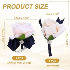 2Pcs Wrist Corsage Boutonnieres Set with Navy Blue Ribbon, Champagne