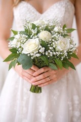 White Artificial Bridal Bouquet Roses Baby’s Breath Eucalyptus Wedding Florals