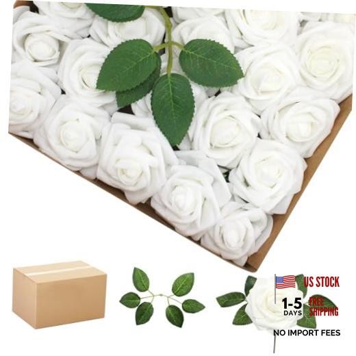 Artificial Flowers RosesPCS Real Looking Foam Fake Roses with Leaves 100 White