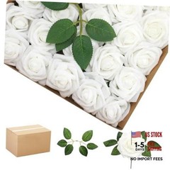 Artificial Flowers RosesPCS Real Looking Foam Fake Roses with Leaves 100 White