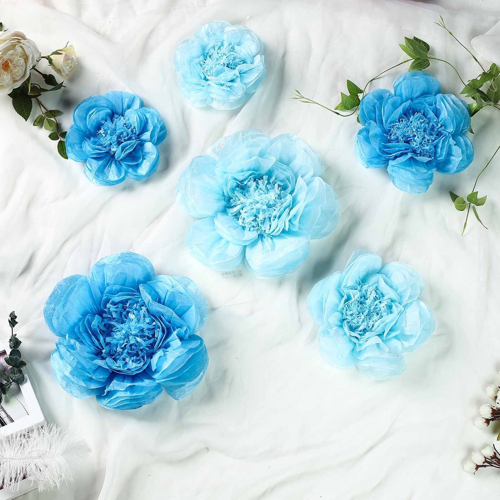 6 pack 7″ 9″ 11″ Periwinkle and Turquoise Tissue Paper Peony Flowers Backdrop
