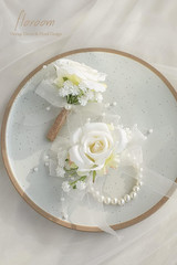 Ivory Rose Wrist Corsage Bracelet Wristlet Band and Men Boutonniere Set for Whit