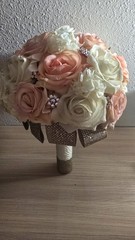 Handmade Faux Rose Bridal Bouquet Ivory Blush Peach Roses Rhinestone Accents