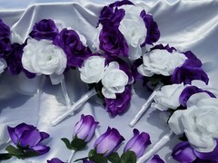 25 PC Wedding Bouquet Package, Purple & White Roses, Wedding Flower Bouquet Set